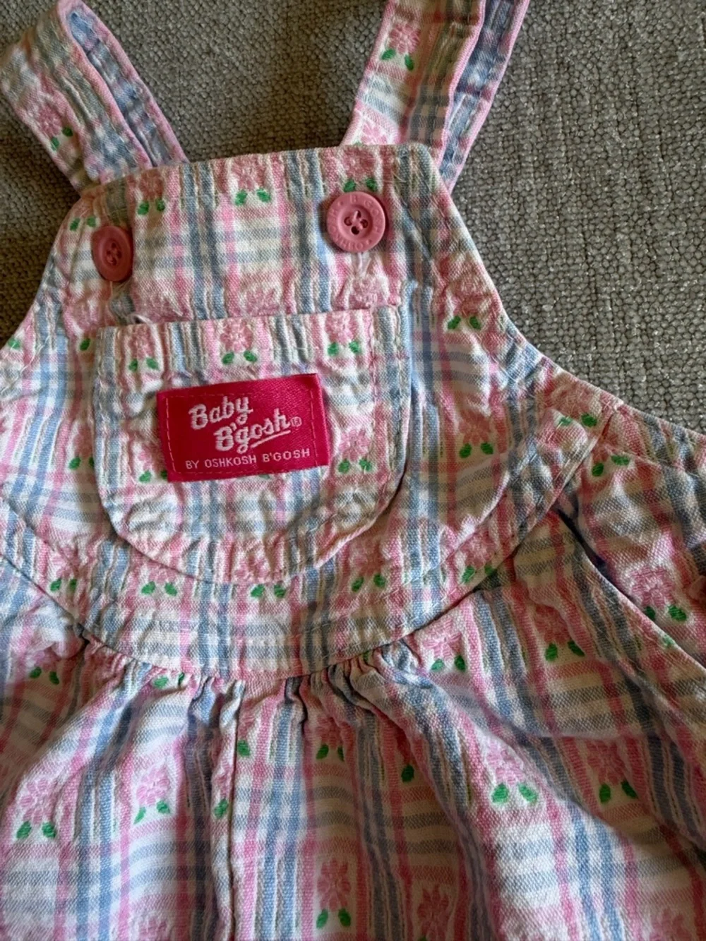Vintage Oshkosh vestback baby girl Romper bib overalls floral plaid 3/6 months